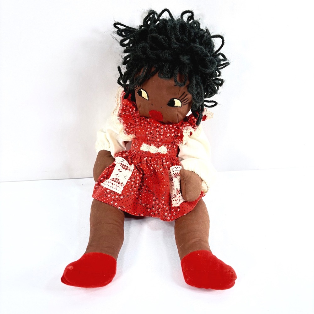 Handmade Vintage Rag Doll Brown Cloth Black Yarn Hair Red Floral Pinafore Dress